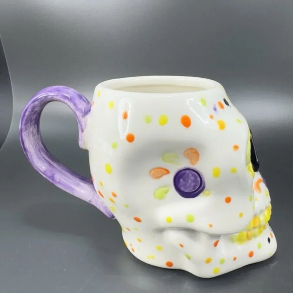 Hand Painted Skull Shaped Large Ceramic Mug Cup‎ Artist Signed Day Of The Dead